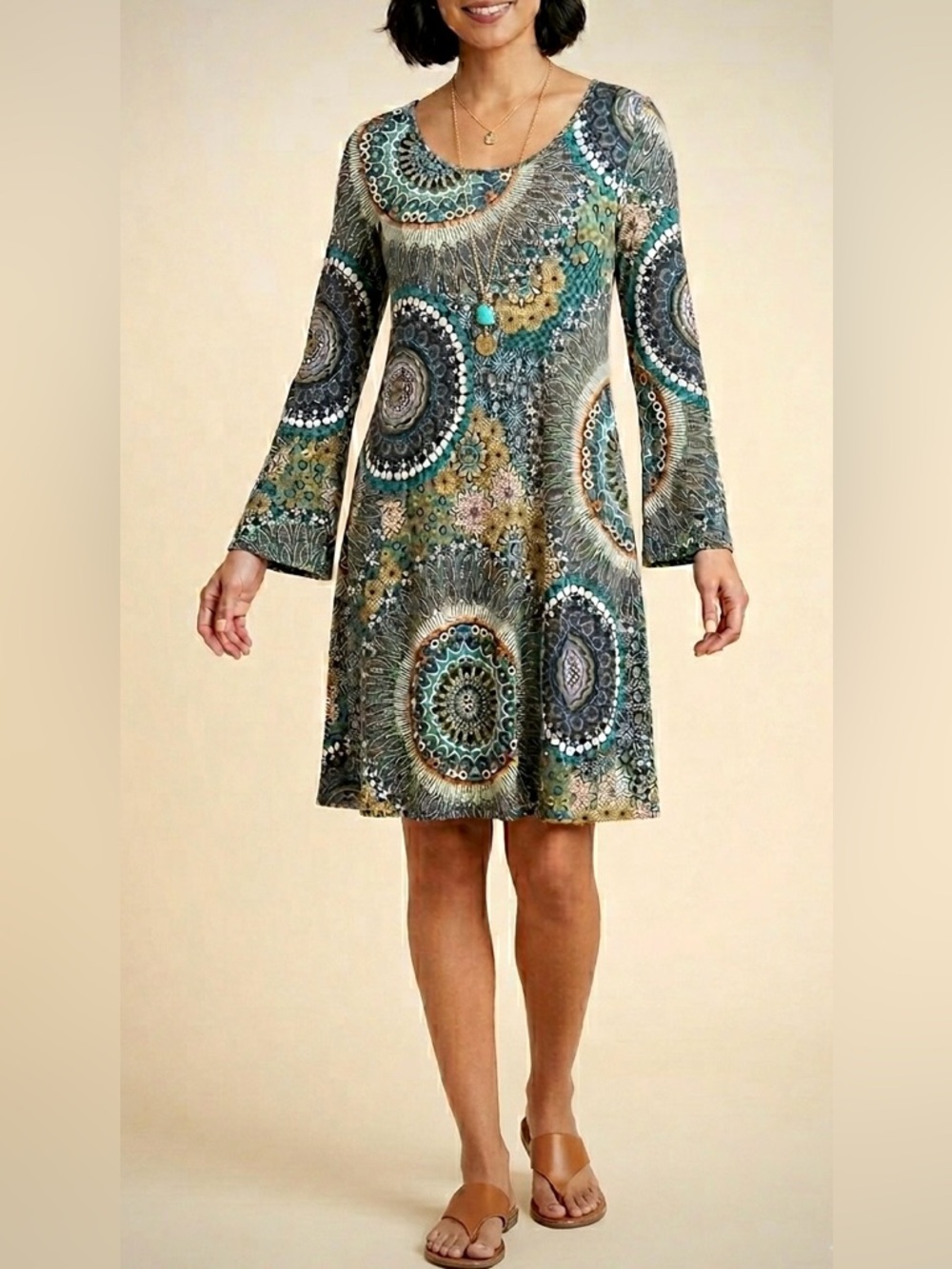 Salaam Boho Mandala Medallion Bell Sleeve Stretch Rayon Dress Size M